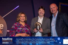 On behalf of Chris Burn, The Yorkshire Post's Greg Wright picks up the regional journalist of the year award at the Headlinemoney awards in 2023, from Paul Keeble, head of media and PR at Canada Life and award host Ayesha Hazarika MBE. (Photo supplied by Headlinemoney)