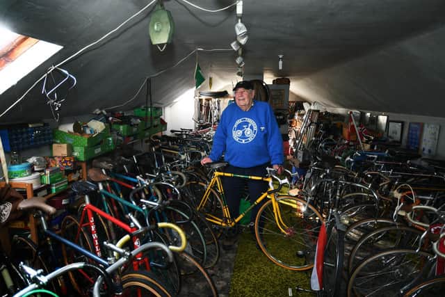Maurice Bartlepal,with some of his vintage racing cycles, in his loft, near Richmond.