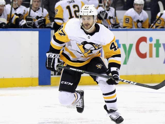 Tragic: Adam Johnson playing for the Pittsburgh Penguins of the NHL in 2019. He died in a freak accident on the ice in Sheffield on Saturday. (Picture: Bruce Bennett/Getty Images)