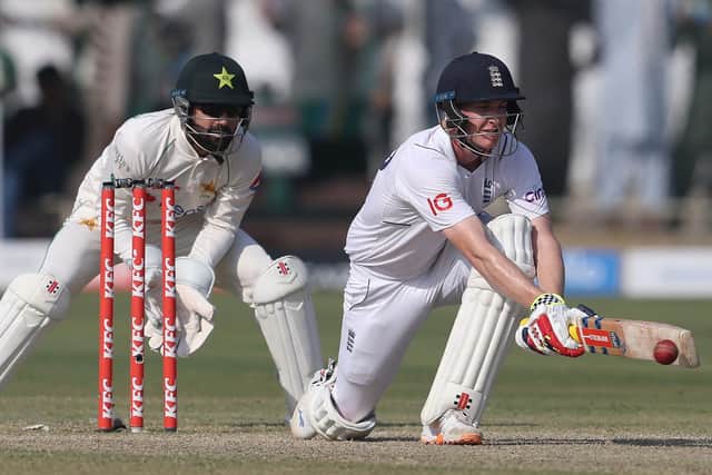 Darren Gough says it's a bonus if Yorkshire see much of their England stars such as Harry Brook, seen here playing a reverse-sweep against Pakistan in the Karachi Test in December. Photo by Matthew Lewis/Getty Images.