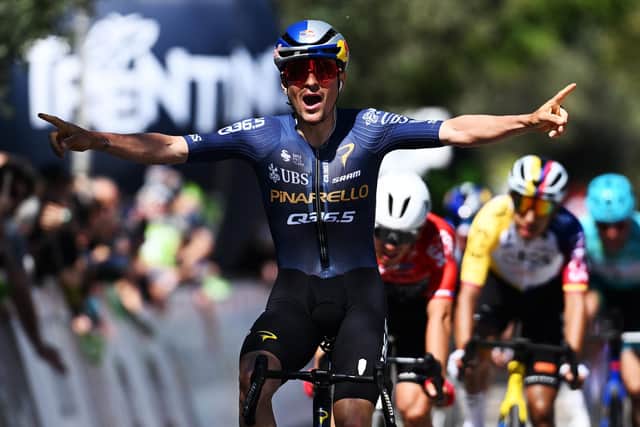 Tom Pidcock celebrates winning a stage of the Tour of the Alps earlier this yead (Picture: Tim de Waele/Getty Images)