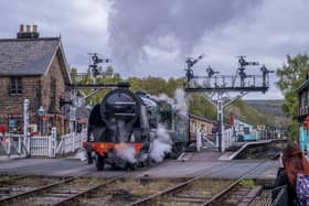 Picture Credit Charlotte Graham 
NYMR Staff and volunteers celebrate 50 years to the day, of the first passenger train service on the North Yorkshire Moors with a celebration train running between Grosmont and Pickering as a double header