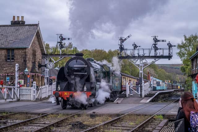 Picture Credit Charlotte Graham 
NYMR Staff and volunteers celebrate 50 years to the day, of the first passenger train service on the North Yorkshire Moors with a celebration train running between Grosmont and Pickering as a double header