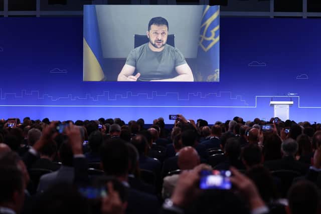 Ukraine's President Volodymyr Zelensky delivers a speech via videolink at the opening session on the first day of the Ukraine Recovery Conference, held at the InterContinental London this week. PIC: Henry Nicholls/PA Wire