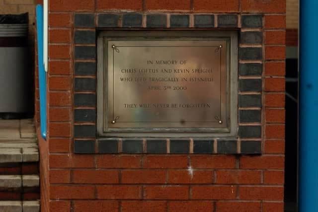 TRIBUTE: The Elland Road memorial to Leeds United fans Christopher Loftus and Kevin Speight.