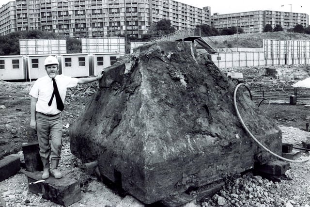 A giant anvil is rediscovered whilst digging out the site for the Ponds Forge swimming pool in Sheffield in August 1988