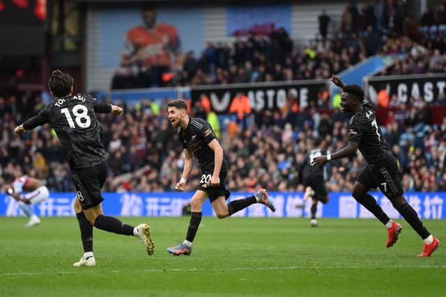 BIRMINGHAM, ENGLAND - FEBRUARY 18: Jorginho of Arsenal celebrates after scoring the team's third goal during the Premier League match between Aston Villa and Arsenal FC at Villa Park on February 18, 2023 in Birmingham, England. (Photo by Shaun Botterill/Getty Images)