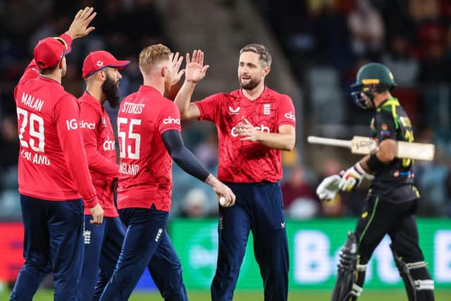 GOT HIM: England's Chris Woakes celebrates with team mates after dismissing Australia's Glenn Maxwell during the third and final match of the T20 series at the Manuka Oval in Canberra Picture: DAVID GRAY/AFP via Getty Images