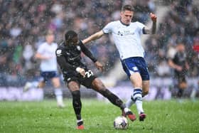 PRESTON, ENGLAND - MARCH 29: Hakeem Odoffin of Rotherham United is challenged by Liam Lindsay of Preston North End during the Sky Bet Championship match between Preston North End and Rotherham United at Deepdale on March 29, 2024 in Preston, England. (Photo by Ben Roberts Photo/Getty Images)