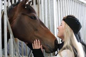 Noble cause: Graham Lee’s daughter Amy, with We’ve Got This, at the launch of Graham Lee Racing Club at Craig Lidster’s Easingwold yard. Amy’s own Just Giving page has raised over £200,000 for the Injured Jockeys’ Fund. (Picture: Louise Pollard)