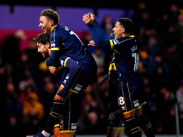 CUP CHANCE: Middlesbrough's Matt Crooks (bottom left) celebrates after scoring their side's third goal of the game during the Carabao Cup quarter final match at Vale Park. Picture: Nick Potts/PA