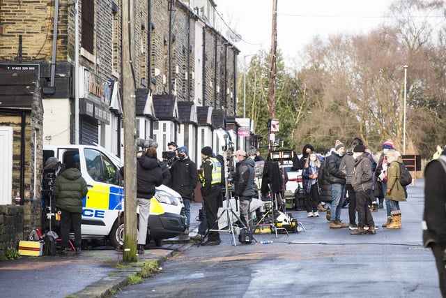 Filming for Happy Valley at Bath Place, Boothtown earlier this year..