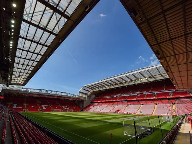 LIVERPOOL, ENGLAND - AUGUST 27: General view of Anfield before the Premier League match between Liverpool FC and AFC Bournemouth at Anfield on August 27, 2022 in Liverpool, England. (Photo by Andrew Powell/Liverpool FC via Getty Images)