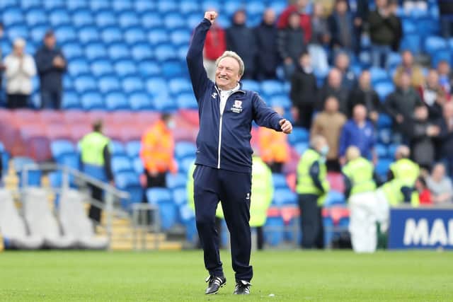 CARDIFF, WALES - OCTOBER 23: Neil Warnock, then manager of Middlesbrough celebrates after victory in the Sky Bet Championship match between Cardiff City and Middlesbrough at Cardiff City Stadium on October 23, 2021 in Cardiff, Wales. (Photo by Morgan Harlow/Getty Images)