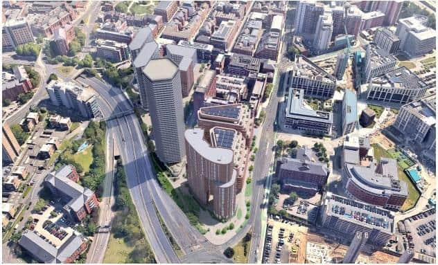An aerial image of what the new residential skyscraper and office buildings could look like, submitted as part of the planning application.
