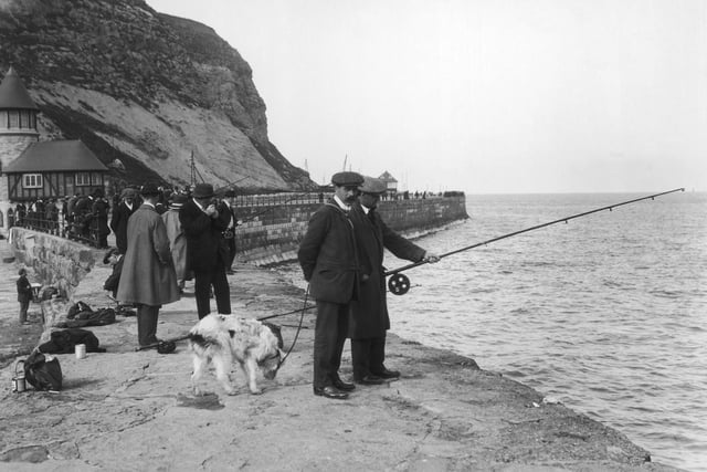 A group of men sea angling from the harbour at Scarborough circa 1912.