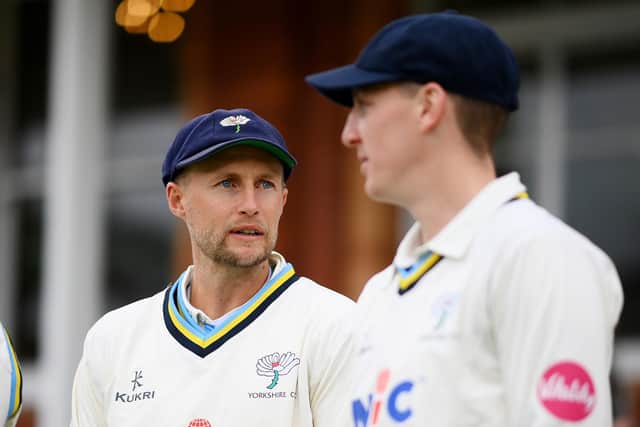 It was a tough match for England's Joe Root, left, who made scores of 5 and 32, and for Harry Brook, who fell for 3 and 0. Photo by Alex Davidson/Getty Images.