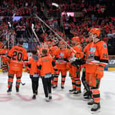 HOME GOODBYE: Captain Jonathan Phillips leaves the Utilita Arena ice for one final time on Saturday night, flanked by a guard of honour from his Sheffield Steelers' team-mates. Picture courtesy of Dean Woolley/Steelers Media/EIHL.