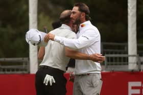 Max Homa of the United States hugs Danny Willett of England after winning the Fortinet Championship at Silverado Resort and Spa North course on September 18, 2022 in Napa, California. (Picture: Mike Mulholland/Getty Images)