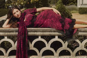 Scamp and Dude Scamp & Dude x Sara Davies Black Cherry Wild Cheetah Charity Super Scarf, £40, worn with dress, coming soon.