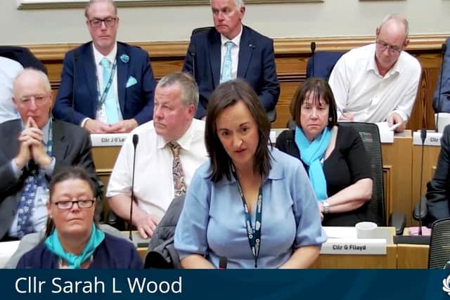 Coun Sarah Wood speaking during a meeting of Kirklees Council