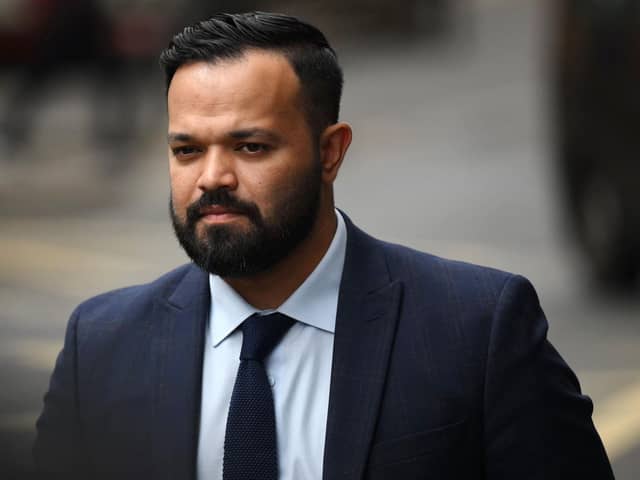 Former cricket player Azeem Rafiq arrives to attend a Cricket Discipline Commission hearing, relating to allegations of racism at Yorkshire County Cricket Club, in London last month. The club is expected to find out what punishments it may face next week.