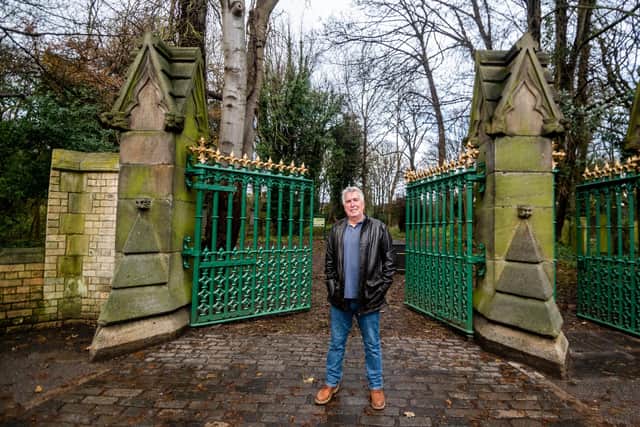 Author Dr Robb Robinson at the gates of the General Cemetery, Spring Bank West, Hull.
Robb has written a book called Agnes to Zebedee,  about 100 individuals that have made significant achievements for the benefit of people in and beyond Hull, such as  Cuthbert Brodrick who was born in Hull and designed these Grade II listed gates and stonework. Picture By Yorkshire Post Photographer,  James Hardisty.