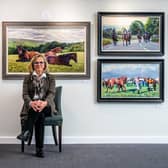 Jane Braithwaite, a local artist and Chairman of  Equestrian Artists, from Coverdale, in the heart of the Yorkshire Dales, North Yorkshire, infront of a selection of her artwork which she has entered in this years exhibition. Picture By Yorkshire Post Photographer,  James Hardisty.