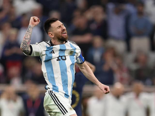 Lionel Messi of Argentina celebrates with teammates in the penalty shootout during the FIFA World Cup Qatar 2022 Final match between Argentina and France at Lusail Stadium on December 18, 2022 in Lusail City, Qatar. (Picture: Catherine Ivill/Getty Images)