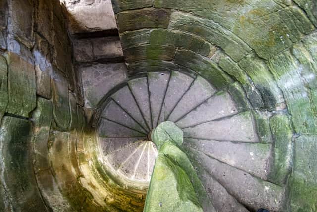 A spiral stone staircase at Whorlton Castle, a ruined 12th century medieval castle situated in the abandoned village of Whorlton. Tony Johnson.