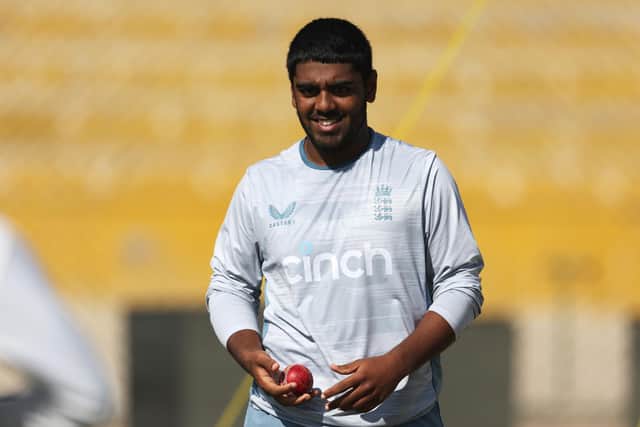 KARACHI, PAKISTAN - DECEMBER 15: Rehan Ahmed of England pictured during a Net Session ahead of the Third Test match between England and Pakistan at Karachi National Stadium on December 15, 2022 in Karachi, Pakistan. (Photo by Matthew Lewis/Getty Images)