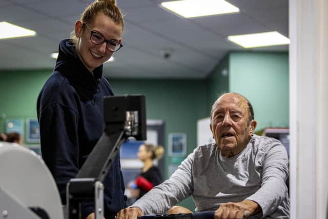 94-year-old gym goer Mario Sanna with his personal trainer Hannah Atkinson at the I-Motion gym in Rotherham