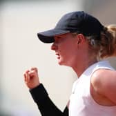 Landmark win: Bradford's Francesca Jones celebrates a key point during her breakthrough victory against Beatrice Haddad Maia in the first round of the women's singles at Roland Garros (Picture: Clive Brunskill/Getty Images)