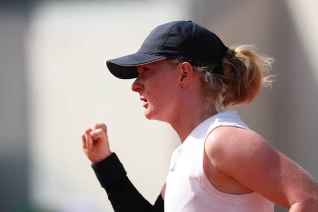 Landmark win: Bradford's Francesca Jones celebrates a key point during her breakthrough victory against Beatrice Haddad Maia in the first round of the women's singles at Roland Garros (Picture: Clive Brunskill/Getty Images)