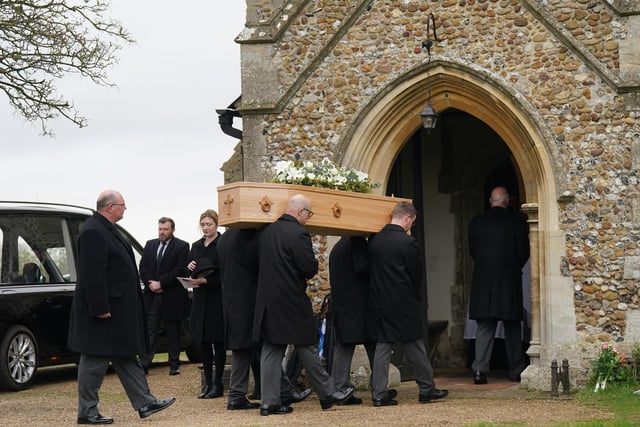 Four pallbearers have carried Baroness Betty Boothroyd‘s coffin into St George’s Church. Organ music could be heard from inside the village church where the only female speaker of the House of Commons’ funeral is taking place.