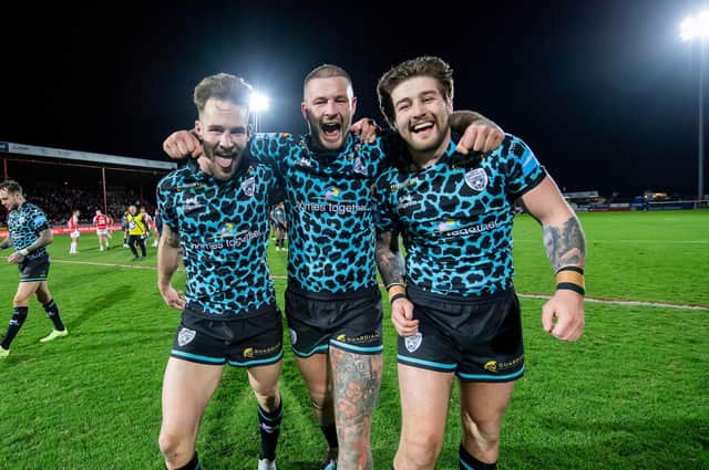 Leigh's Ben Reynolds, Zak Hardaker & Joe Shorrocks celebrate their side's last minute victory over Hull KR to give them their first win in the Betfred Super League. (Picture: Allan McKenzie/SWPix.com)