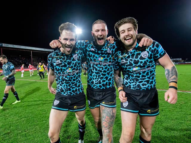 Leigh's Ben Reynolds, Zak Hardaker & Joe Shorrocks celebrate their side's last minute victory over Hull KR to give them their first win in the Betfred Super League. (Picture: Allan McKenzie/SWPix.com)