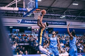 Javion Ogunyemi scores two of his 20 points for Sheffield Sharks against Caledonia Gladiators. (Picture: Adam Bates)