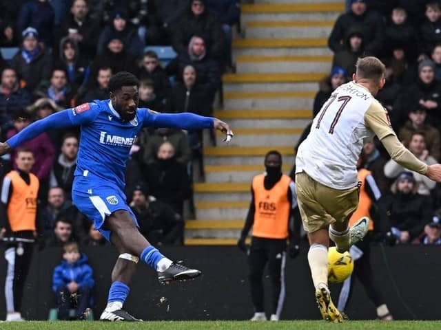 Doncaster Rovers loanee Hakeeb Adelakun, pictured during a previous loan spell at Gillingham. He has been shortlisted for the League Two player-of-the-month accolade for February.