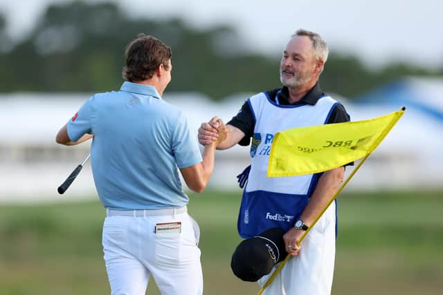 WInners: Matt Fitzpatrick of England celebrates with caddie Billy Foster after winning on the third playoff hole against Jordan Spieth of the United States during the final round of the RBC Heritage at Harbour Town Golf Links (Picture: Andrew Redington/Getty Images)