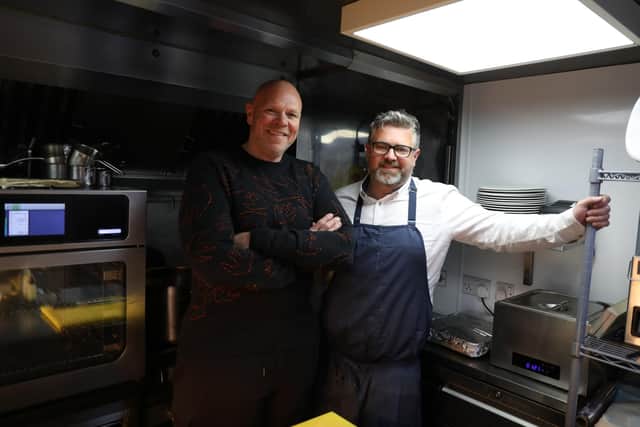 Tom Kerridge with Ryan Blackburn, of the Old Stamp House Restaurant at Ambleside. Picture: BBC/Bone Soup/Nathan Harrison.