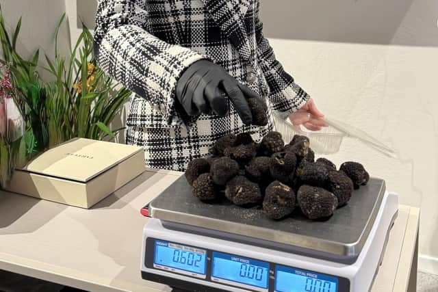 There is over £1000 worth of truffles on that scale. Enjoy their taste in Alba, Piedmont.
