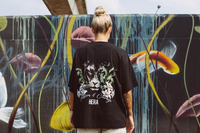 Rachel Daly wears the HERA Limited edition ‘Passion & Courage’ T-shirt featuring designs based on her tattoos and created in partnership with the brand, launching on July 16, costing £46, at heraclothing.com.
