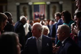 King Charles III greets people after addressing members of the US House of Representatives and the US Senate during a joint meeting of Congress, as they mark the 250th anniversary of independence, at the United States Capitol in Washington DC, on day two of the state visit to the US.