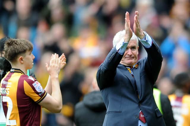 Bradford City manager Mark Hughes celebrates with the fans (Picture: Simon Hulme)