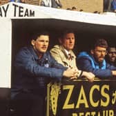DUO: Viv Busby (centre) sits alongside Denis Smith after the pair moved their partnership from York City to Sunderland, and the cramped dugout at Port Vale
