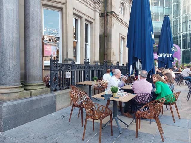 Outside seating at Banyan in Leeds city centre.