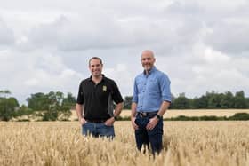 Richard Ling, farm manager at Rookery Farm, Wortham in Norfolk, who supplies wheat to Nestlé Purina, and Matt Ryan, regeneration lead at Nestle UK & Ireland. Picture: Doug Peters / PA Wire