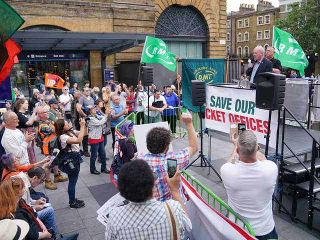 Rail, Maritime and Transport (RMT) union general secretary Mick Lynch speaking at a rally outside King's Cross station. PIC: Jonathan Brady/PA Wire