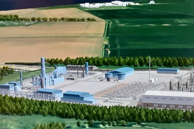 Residents at an event at Aldbrough on Thursday were told it would be the "first power station at this scale in the UK and pretty much the world"The buildings shown in blue will be built onto an existing site